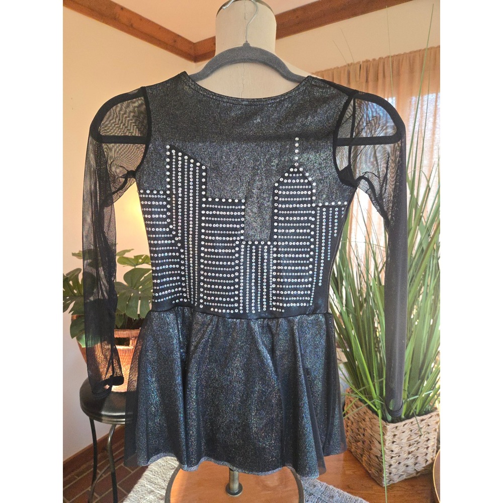 CURTAIN CALL Costumes Kids Black Sequin Skyline Dance Leotard Skirted Dress CLA